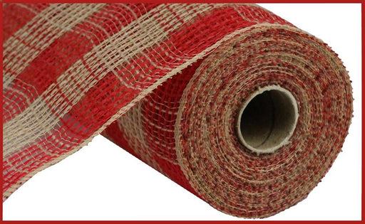The Red Natural Faux Jute/Pp Small Check Mesh RY832052 features a textured, open weave with a red-beige checkered pattern. Made from polypropylene, its ideal for decorative and creative projects.