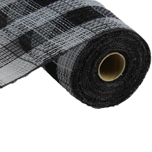 A partially unrolled roll of 10.5 Grey Black Faux Jute Small Check Mesh RY8320B1 showcases its striped pattern, revealing the woven texture and cardboard core.