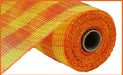 The 10.25 x 10-yard roll of Faux Jute/PP Small Check in yellow and orange (RY8320B4) features a vibrant grid pattern with a visible cardboard tube core, evoking the lively appearance against a white backdrop.