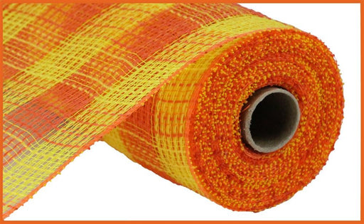 The 10.25 x 10-yard roll of Faux Jute/PP Small Check in yellow and orange (RY8320B4) features a vibrant grid pattern with a visible cardboard tube core, evoking the lively appearance against a white backdrop.