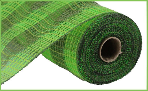 A close-up of the 10.25x10yd Faux Jute/PP Small Check in Fresh Green/Moss (RY8320B5) shows tightly rolled, translucent polypropylene mesh with a small check woven pattern and cardboard core, viewed from an angle.