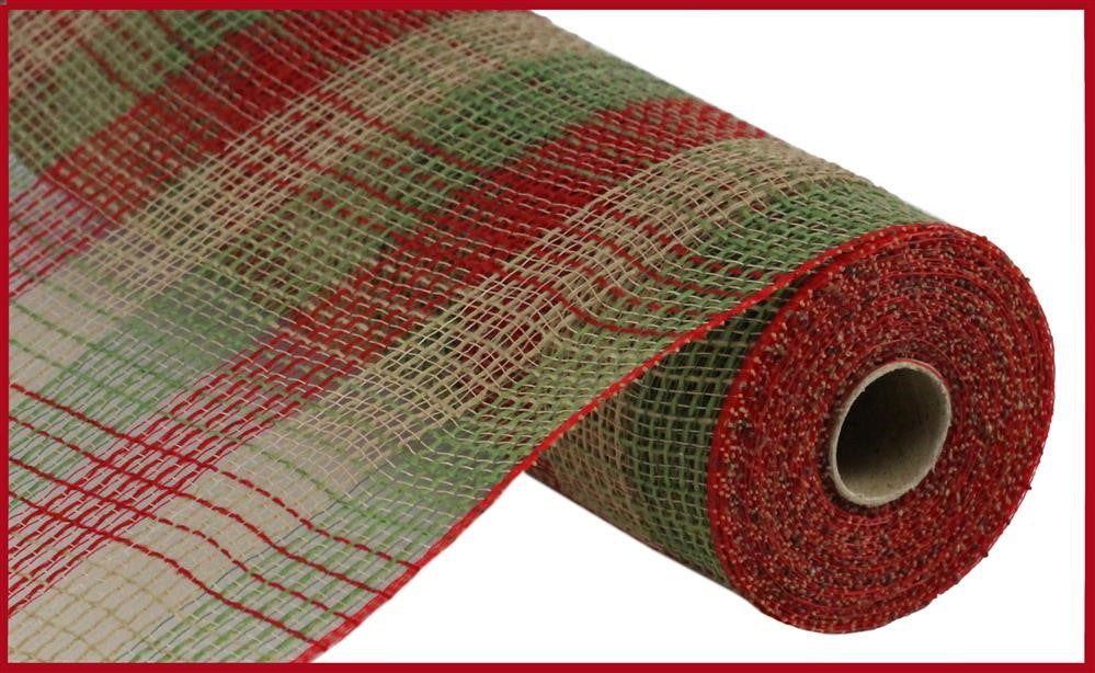 10.25"X10Yd Faux Jute Small Check Mesh  Moss/Red/Natural  RY8322D3