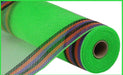 A close-up of the 10.25X10Yd Faux Jute/PP fabric (RY832676) in lime with purple, orange, and black border stripes, rolled up with a brown cardboard core visible in the center.