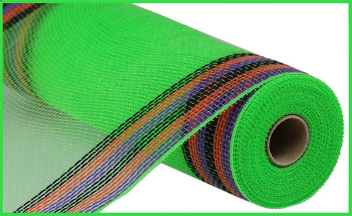 A close-up of the 10.25X10Yd Faux Jute/PP fabric (RY832676) in lime with purple, orange, and black border stripes, rolled up with a brown cardboard core visible in the center.