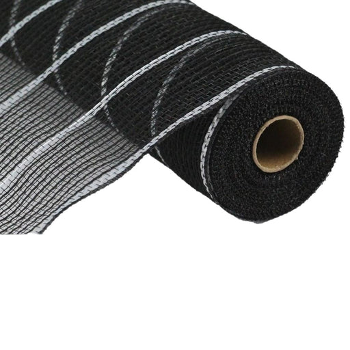 A roll of 10.5 Black Silver Poly Jute Matte Metallic Mesh RY8329N3 with white lengthwise stripes rests elegantly against a white background, revealing the hollow brown cardboard core, showcasing its durable and textured appearance.