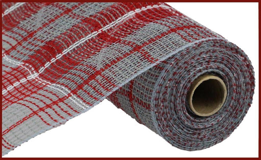 The 10.25X10Yd Faux Jute/Large Plaid Mesh in Grey/Red/White (RY8331N4) is a textured, slightly translucent mesh fabric roll with a red and white checkered pattern, tightly wrapped around a cardboard tube.