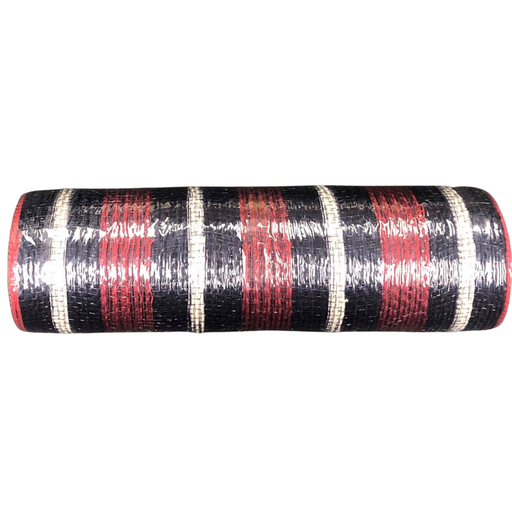 The 10 Navy Red White Bold Stripe Mesh XB102410-27 features a cylindrical roll with a bold stripe pattern in navy, red, and white. Its textured, shiny surface indicates its made from woven polypropylene or similar synthetic material.