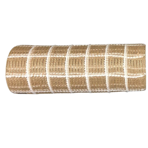 The 10 Burlap White Fuzzy Wide Plaid Mesh ribbon, rolled up in a beige color, is shown against a white background.