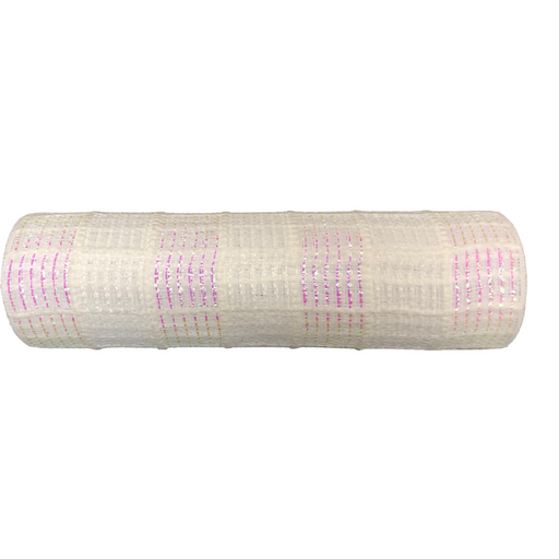The Wht-Irid Fuzz Snow Chex mesh, 10X10Y size with a subtle pink and yellow grid on durable polyester fabric, is perfect for creative projects.