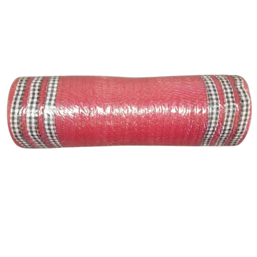 The Red Jute/Black-White Buff Plaid Print Edge Mesh (10X10Y), made from polypropylene, features distinctive plaid borders on the edges. It appears smooth and uniform, positioned horizontally against a plain white background.