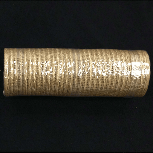A 10 Natural Burlap Mesh XB93210-15, crafted from natural material, is elegantly wrapped in clear plastic against a black background.