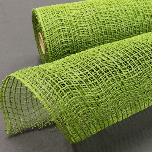 Two rolls of 10 Moss Green Fabric Mesh XB97910-08 lie on a dark surface. The moss-like polypropylene material has a grid pattern and a slight sheen. One roll is partially unrolled, showing its curved, flowing edge.