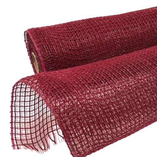 Two rolls of 10 Burgundy Fabric Mesh XB97910-10 are displayed. Made from loosely woven polypropylene, they allow light to pass through. The front roll has slightly frayed edges. Both rolls are partially unrolled side by side, highlighting their vibrant color.