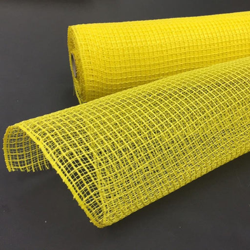 Two rolls of 10 Daffodil Yellow Fabric Mesh XB97910-22 are on display on a dark surface. One roll is partially unrolled, showcasing its grid-like pattern, while the other remains fully rolled in the background—perfect for vibrant DIY wreaths and crafts.