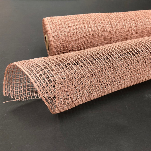 Two rolls of 10 Mauve Fabric Mesh XB97910-26 are on a black surface; one roll is partially unrolled, showing its open weave pattern.