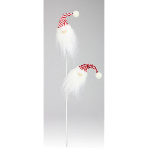 Bring Gnome Christmas charm to your garden with the 28 Red White Fabric Gnome Christmas Spray XS9906. These decorative stakes feature whimsical gnome heads with vibrant red and white hats—one striped and one polka-dotted—each topped with fabric spray pom-poms. No facial features are visible.