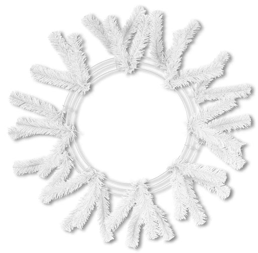 The 24 White Work Wreath XX748827 features a chic artificial design on a sleek metal frame with frosted pine branches, offering an airy, minimalist ambiance against its plain white background.