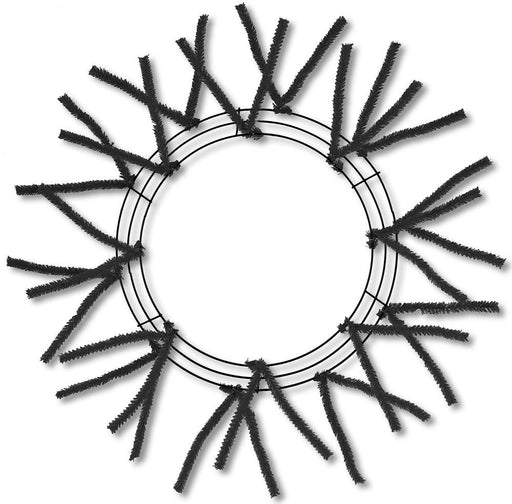 The Black Pencil Work Wreath 24 XX750302 features a circular frame with black tinsel stems radiating from the metal ring, set against a plain white background.