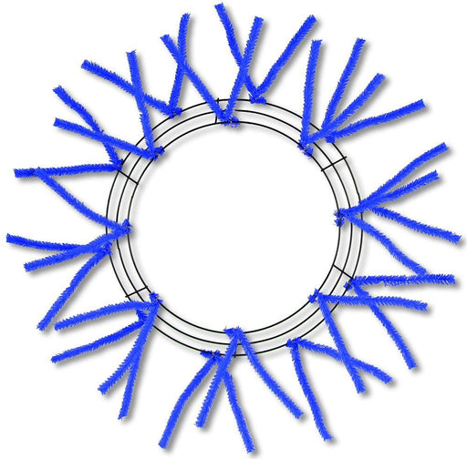 The 24 Royal Blue Pencil Work Wreath (XX750425) features a circular frame adorned with pairs of royal blue pipe cleaners that create a stunning starburst effect, standing out beautifully against a plain white background.
