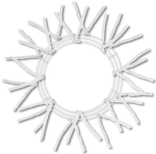 The 24 Pencil Work Wreath White Non-metallic XX750427 features a circular frame with multiple white, fuzzy pipe cleaners evenly spaced to form a sunburst pattern, making it ideal for wreath-making enthusiasts.