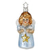The Star Child Angel Christmas Ornament by Inge-Glas (1-016-16) is a handmade German glass angel adorned with golden hair, wings, and a blue robe. The angel holds a yellow star and includes a silver star-shaped hook for hanging.