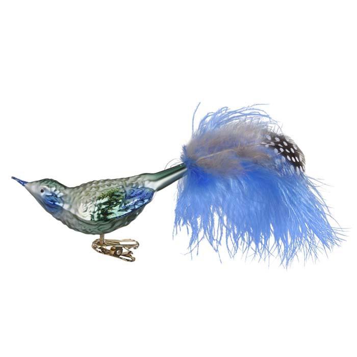Lovely Bird Blue with Feathers Christmas Ornament Inge-Glas 1-329-15