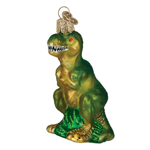The T-Rex 12368 Old World Christmas Ornament is a hand-painted glass dinosaur in green and gold with glitter accents and a gold hanging loop.