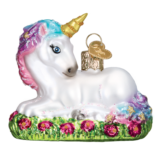 The Baby Unicorn 12534 Old World Christmas Ornament is a charming hand-painted glass figurine featuring a whimsical baby unicorn with a golden horn, resting elegantly on a grassy base embellished with pink flowers. Its rainbow-colored mane and small golden tag suggest magical powers, offering an enchanting touch to any collection.