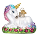 The Baby Unicorn 12534 Old World Christmas Ornament is a charming hand-painted glass figurine featuring a whimsical baby unicorn with a golden horn, resting elegantly on a grassy base embellished with pink flowers. Its rainbow-colored mane and small golden tag suggest magical powers, offering an enchanting touch to any collection.