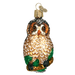 The Spotted Owl Old World Christmas Ornament 16052 showcases a glass owl adorned with intricate brown and white feathers, delicately perched on a branch with green leaves. Featuring detailed eyes and a small metal loop for hanging, it subtly raises environmental awareness about endangered species.