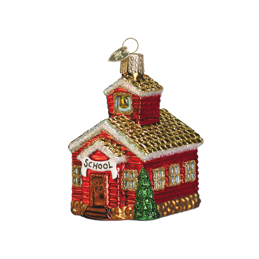 The School House 20007 Old World Christmas Ornament is a blown glass piece featuring a red and gold schoolhouse with glitter accents, a bell tower, and School sign. A green tree adds festivity, while the top gold loop ensures easy hanging. Ideal for an Old World Christmas vibe.