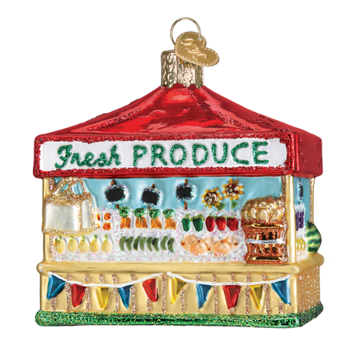 The Farmer's Market Stand 28122 Old World Christmas Ornament is a vibrant glass ornament designed to resemble a farmer's market stall with a red roof. It features the label "Fresh Produce" and displays an array of farm-to-table fruits and vegetables, all embellished with a decorative garland and gold accents.