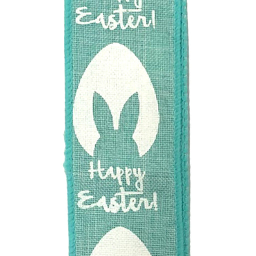 The 1.5 Aqua Mint Linen Egg Outline with Bunny Ears Ribbon (31001-09-45) features white bunny head silhouettes inside egg shapes, Happy Easter! elegantly printed between them, and a wire edge for added definition to the festive design.