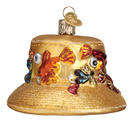 Introducing the Fisherman's Hat 32250 Old World Christmas Ornament, a beautifully crafted ornament mouth-blown from glass. This decorative piece is adorned with colorful fish designs in vibrant shades of orange, red, blue, and green. It features a shiny, glittery texture and comes complete with a gold hanger loop on top. A truly unique addition to any Christmas collection.