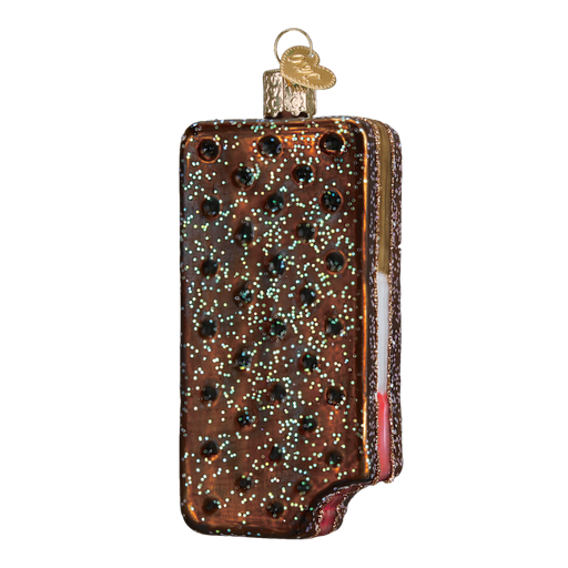 The Ice Cream Sandwich 32287 Old World Christmas Ornament is adorned with chocolate chips and features a bite revealing white and pink layers. A metal cap and loop on top ensure this festive decoration hangs perfectly on your tree.