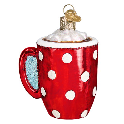 The Hot Cocoa Old World Christmas Ornament 32310 is a mouth-blown glass piece, shaped like a hot cocoa mug with white polka dots on red, topped with whipped cream and a gold attachment, perfect for holiday cheer.