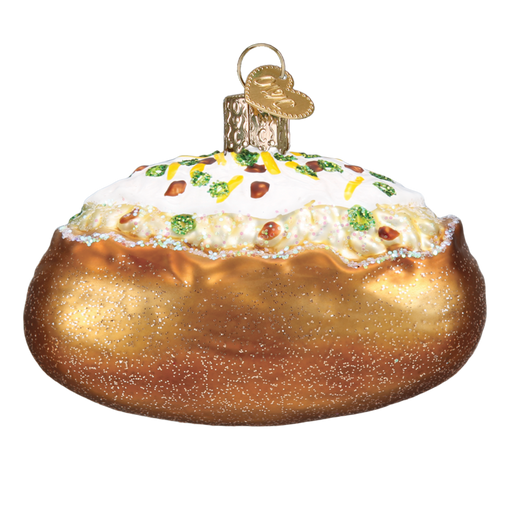 Presenting the Baked Potato 32344 Old World Christmas Ornament, a charming creation made from mouth-blown glass. This exquisite hand-painted ornament showcases a golden exterior with a white topping and colorful garnishes such as green broccoli and orange carrots, all topped off with a convenient hanging loop for effortless display.