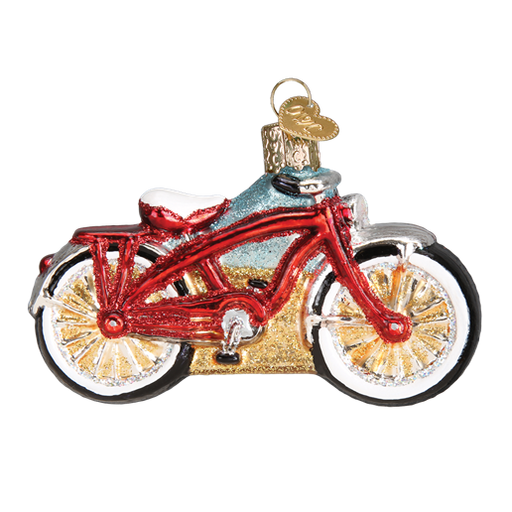 The Cruiser Bike 46063 Old World Christmas Ornament is a vintage-style red cruiser bike with sparkling details, a white seat, and gold accents. It features a loop on top for easy hanging.
