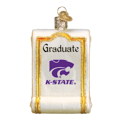 Introducing the Kansas State Diploma 61812 Old World Christmas Ornament, a beautifully hand-painted glass piece shaped like a scroll. It features the word "Graduate" alongside the university's logo, complete with a purple wildcat head and K-STATE text. This ornament is perfect for adding elegance to your Christmas collection.
