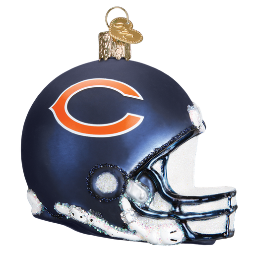 The Chicago Bears Helmet 70617 Ornament from Old World Christmas is a hand-painted glass piece shaped like a football helmet, featuring a navy blue design with an orange C logo on the side and gold detailing, perfectly celebrating the Chicago Bears.