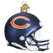 The Chicago Bears Helmet 70617 Ornament from Old World Christmas is a hand-painted glass piece shaped like a football helmet, featuring a navy blue design with an orange C logo on the side and gold detailing, perfectly celebrating the Chicago Bears.