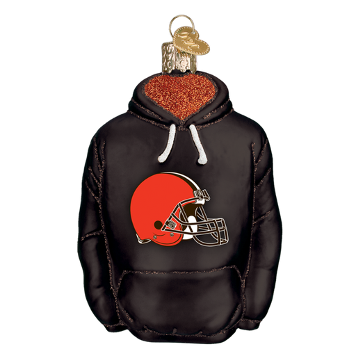 The Cleveland Browns Hoodie 70803 Old World Christmas Ornament is a hand-painted glass piece designed like a black hoodie with a vibrant red football helmet, perfectly capturing the essence of a Cleveland Browns hoodie. It features a sparkly top and comes equipped with a gold loop for easy hanging.