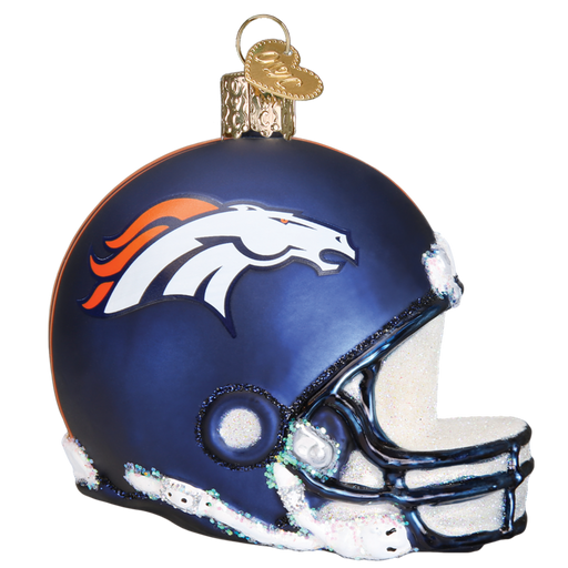 The Denver Broncos Helmet 71017 Old World Christmas Ornament is a beautifully hand-painted glass piece designed to resemble a dark blue football helmet. It displays the iconic white and orange horse logo on the side and includes a gold cap with a hook at the top, making it an ideal festive decoration for sports enthusiasts.