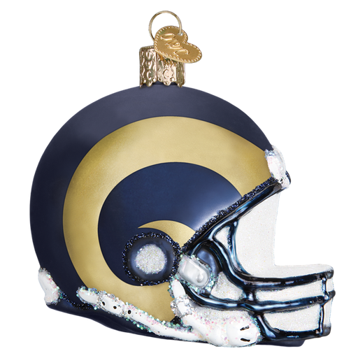 Add a sporty flair to your festive decor with the Los Angeles Rams Helmet 71717 Old World Christmas Ornament. This decorative piece is shaped like a football helmet and features a hand-painted blue and gold design adorned with a spiral pattern reminiscent of the team's iconic style. Complete with a gold cap, it's perfect for hanging on your holiday tree.