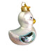 The Blue Toy Duck Santa Klaus & Co Christmas Ornament is a pearlescent, mouth-blown glass duck with a gold beak and loop for hanging, featuring shiny metallic wings. Its perfect for your Toy Duck collection or as charming baby shower favors.