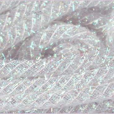 A close-up of the White Tinsel Tubing RE354127 showcases its textured, shimmery white fabric with PET polypropylene fibers. The surface gleams like metallic tinsel, creating a sparkling effect, while intertwined threads give it a soft, plush look.