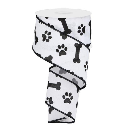 The 2.5 White with Black Paw Print & Bones Ribbon (RGA114827) charmingly displays its playful pattern of black dog bones and paw prints as it unrolls.