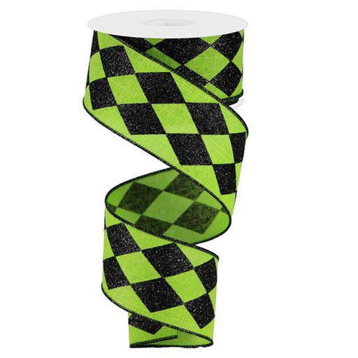 The 2 Lime Black Glitter Harlequin Ribbon RGA149933 features a bold harlequin pattern with a striking diamond design, highlighted by the wire edge ribbon being partially unspooled.