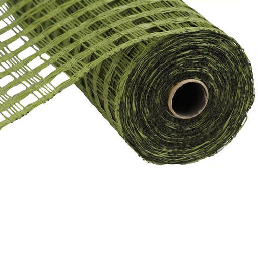 The 10 Olive Green Poly Burlap Check Mesh RP812889 lies partially unrolled, revealing a grid-like pattern with tightly wound layers around a visible cardboard core. Its vibrant color and texture stand out against the plain white background.