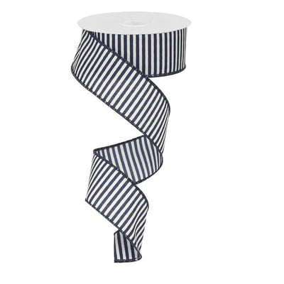 The 1.5 Navy Blue White Horizontal Lines Ribbon RX9141N9 elegantly unravels in a spiral, revealing its sleek, classic pattern that enhances its charm. The spools visible cylindrical top adds sophistication to the presentation.
